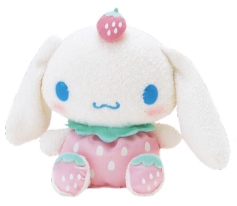 Cinnamoroll plushie wearing a strawberry dress, strawberry shoes and a mini strawberry on its head